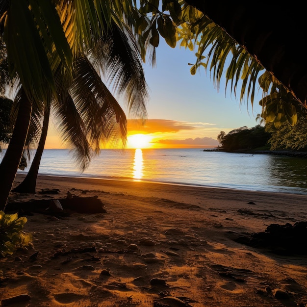 Uma praia com uma palmeira e o pôr do sol