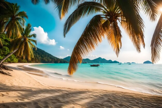 Uma praia com uma palmeira e um barco na água