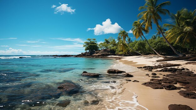 Uma praia com uma palmeira e um céu azul