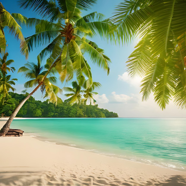 uma praia com uma palmeira e uma cadeira de praia na areia