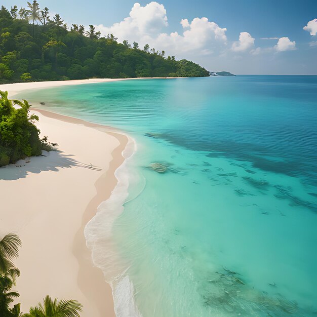 uma praia com uma palmeira e uma praia ao fundo