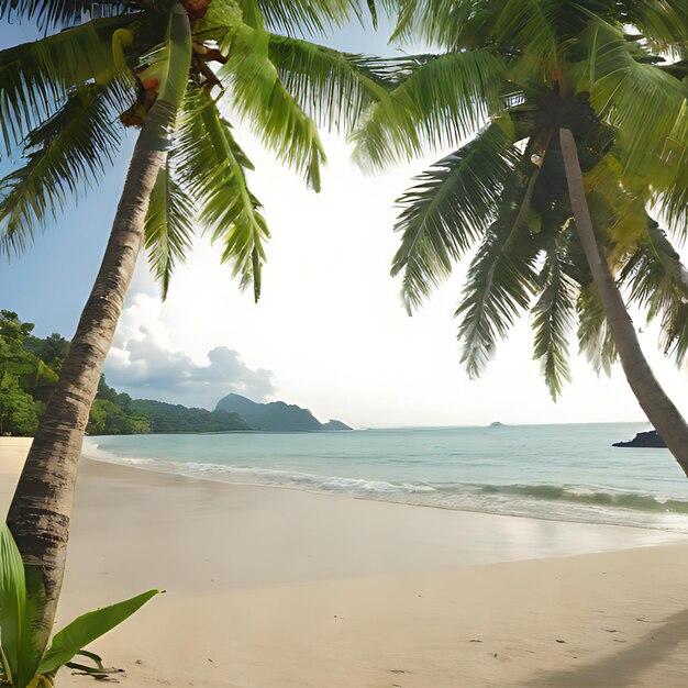 Foto uma praia com uma palmeira e uma praia com vista para o oceano