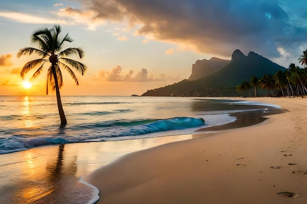 Uma praia com uma palmeira na areia