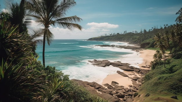 Uma praia com uma palmeira