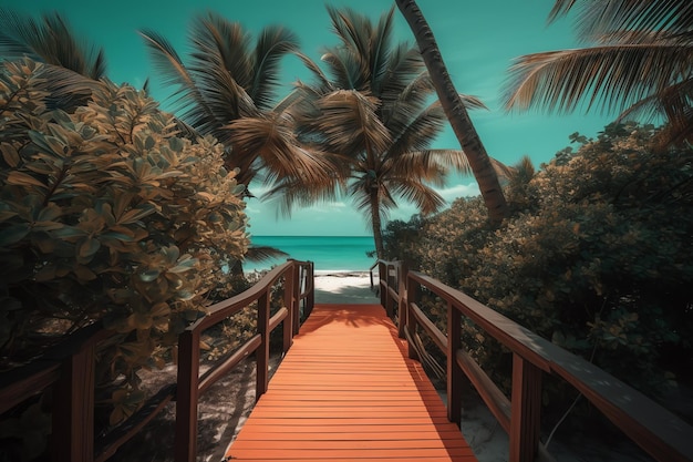 Uma praia com uma ponte de madeira vermelha e palmeiras