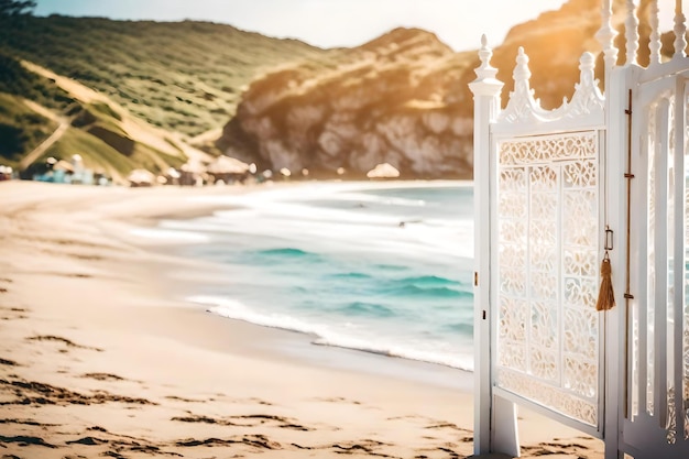 Foto uma praia com uma praia e uma praia com uma cena de praia ao fundo.