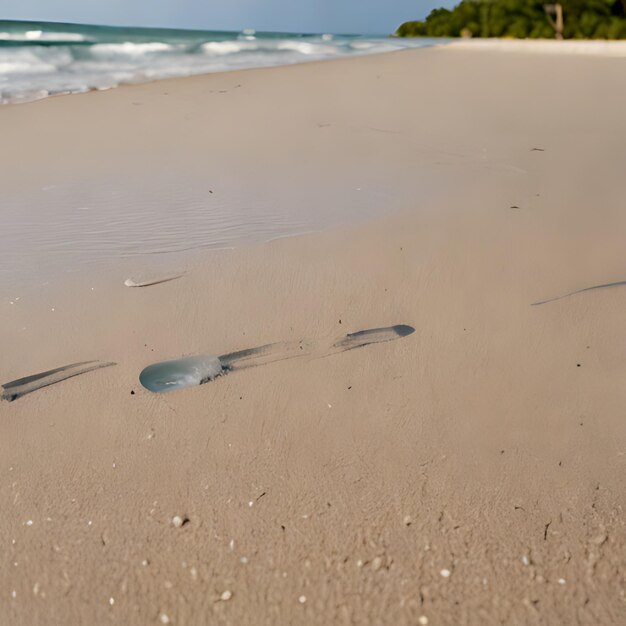 uma praia com uma série de pegadas na areia