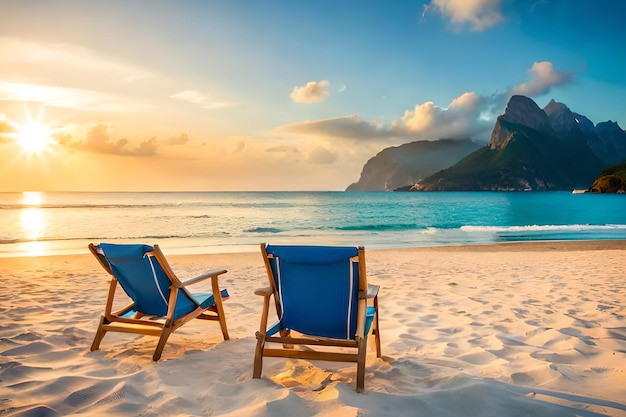 Uma praia com vista para a montanha e duas cadeiras vazias