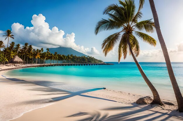 uma praia com vista para uma montanha e palmeiras