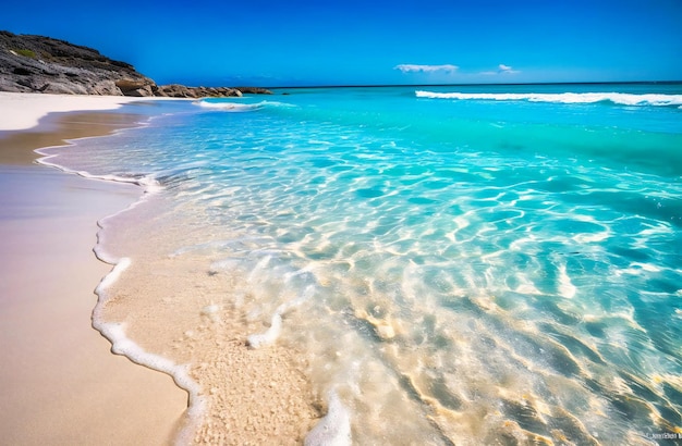 Uma praia de areia branca com água azul e clara