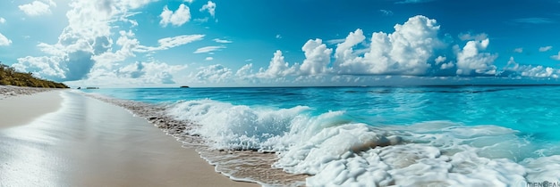 Uma praia de areia branca intocada que se estende infinitamente lambida por ondas turquesas suaves