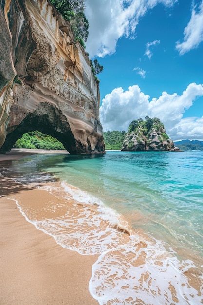 Uma praia de areia com uma impressionante formação rochosa ao fundo Perfeita para viagens e projetos com temas naturais