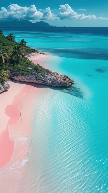 Foto uma praia de areia rosa e palmeiras