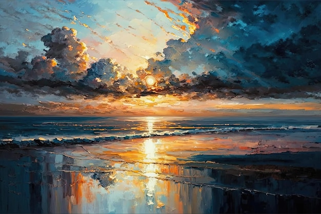 Uma praia e a água em uma pintura a óleo original por do sol através do oceano