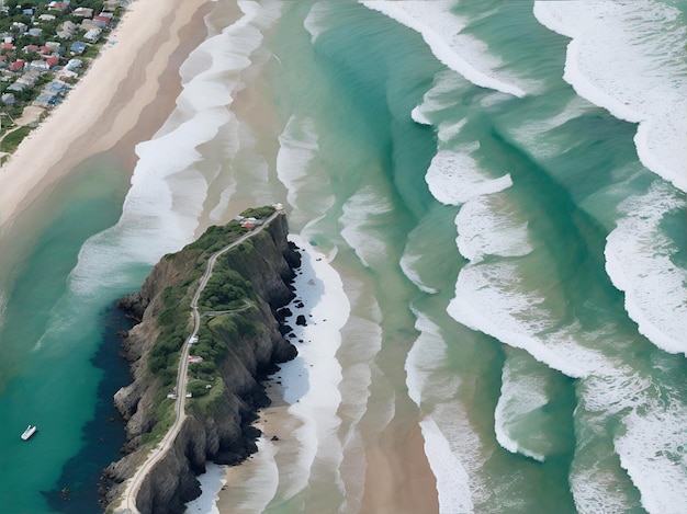 Uma praia e uma península rodeada de mar e vista aérea