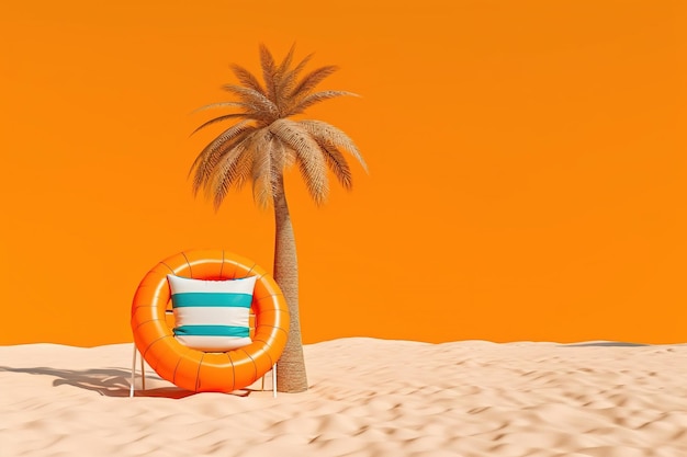 Uma praia laranja com uma cadeira e palmeira na areia.