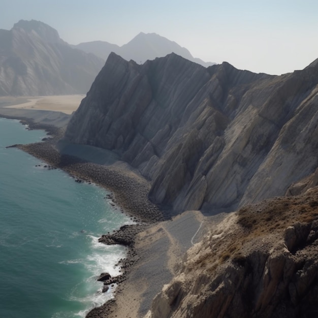 Uma praia rochosa com uma montanha ao fundo