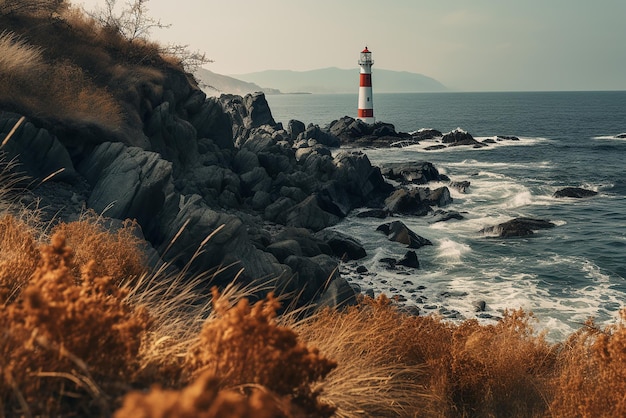 Uma praia rochosa e um farol à beira-mar