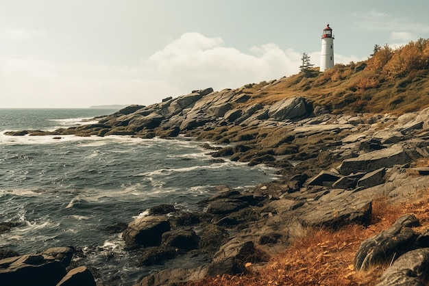 Uma praia rochosa e um farol à beira-mar