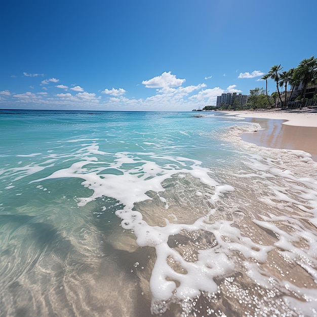 Uma praia serena com areia branca e turquesa.