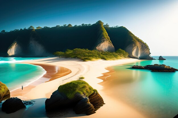 Uma praia serena e idílica da Oceania