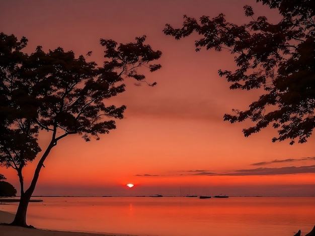 Uma praia tranquila ao anoitecer.