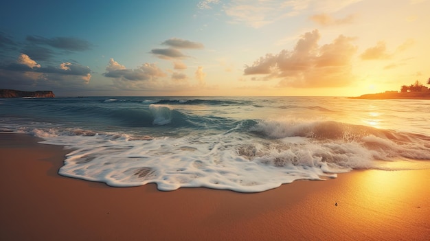 Uma praia tranquila ao pôr do sol com ondas batendo suavemente na costa