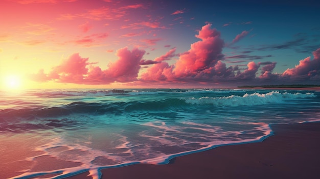 Uma praia tranquila ao pôr do sol com ondas batendo suavemente na costa
