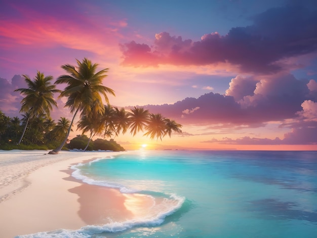 Uma praia tranquila com palmeiras, águas cristalinas e um pôr do sol colorido
