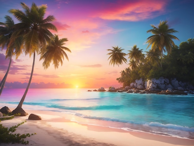 Uma praia tranquila com palmeiras, águas cristalinas e um pôr do sol colorido
