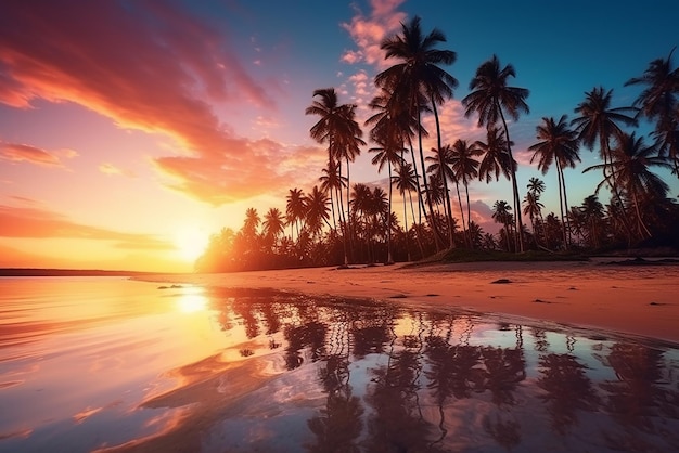 Uma praia tropical ao pôr do sol