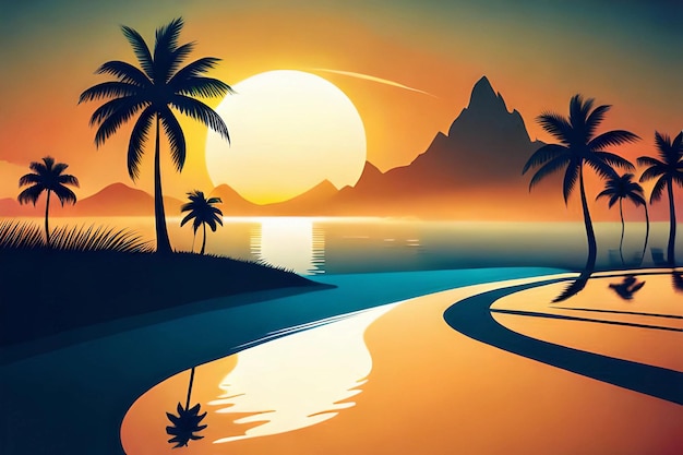 Uma praia tropical com montanhas e um pôr do sol