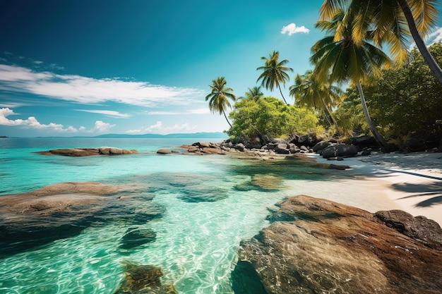 Uma praia tropical com palmeiras e água