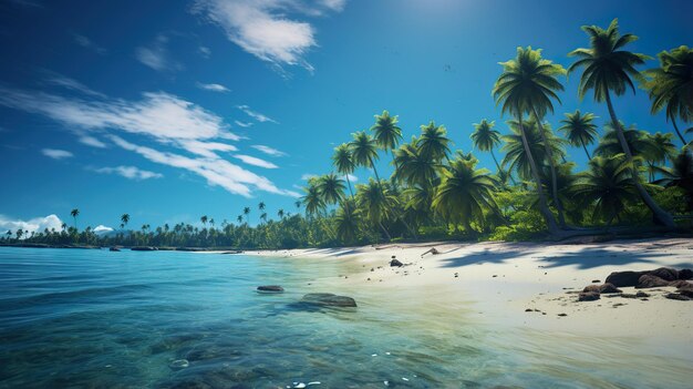Uma praia tropical com palmeiras e águas azuis claras