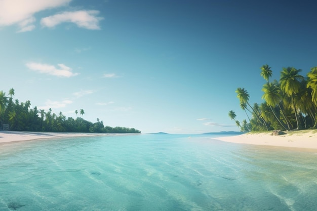 Uma praia tropical com palmeiras e céu azul