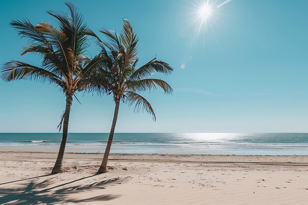 Uma praia tropical com palmeiras e sol