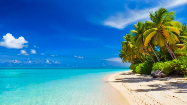 uma praia tropical com palmeiras e um céu azul