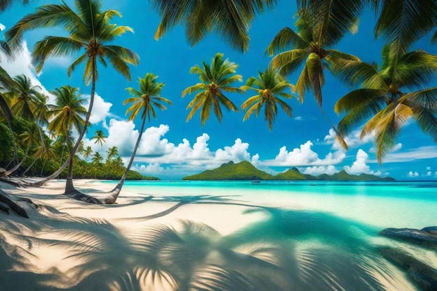 uma praia tropical com palmeiras e um céu azul