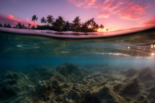 Uma praia tropical com palmeiras e um pôr do sol