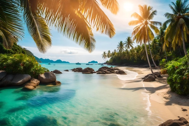 Uma praia tropical com palmeiras e uma ilha tropical ao fundo.