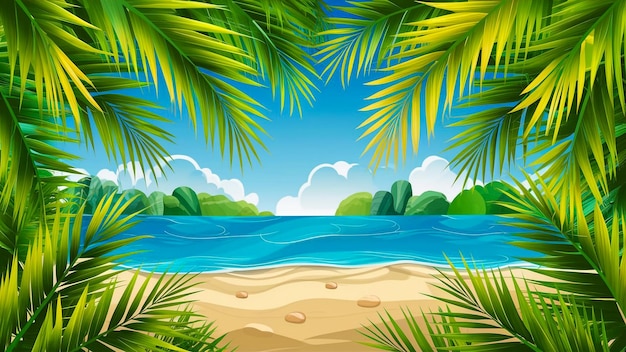 uma praia tropical com palmeiras e uma praia ao fundo