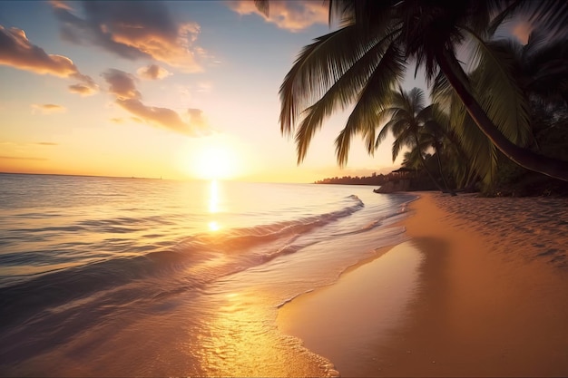 Uma praia tropical com palmeiras em primeiro plano e o sol se pondo ao fundo.