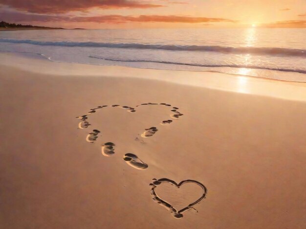 Uma praia vazia ao pôr-do-sol com uma paleta de cores românticas e quentes As pegadas na areia levam a um coração desenhado na costa