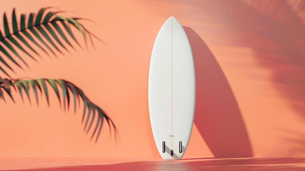 Uma prancha de surf está apoiada contra uma parede rosa uma folha de palmeira com folhas verdes está no lado esquerdo da prancha