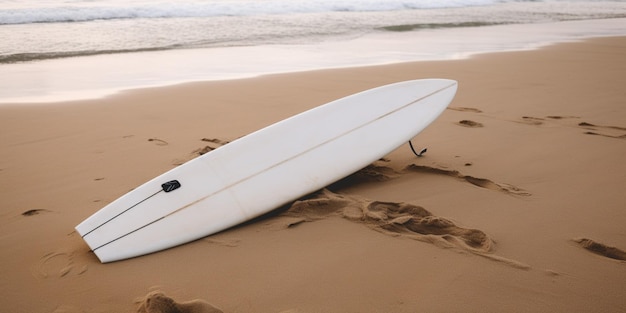 Uma prancha de surf está na areia da praia.