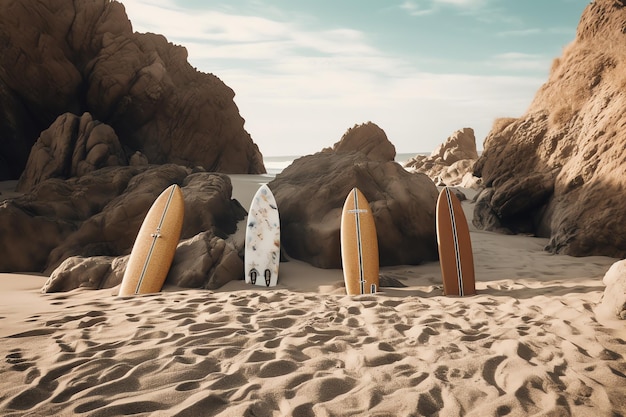 Uma prancha de surf está parada em uma praia com a palavra surfe nela.