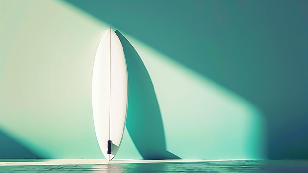 Uma prancha de surf fica na frente de uma parede verde. A prancha é branca e tem uma faixa vermelha no meio.