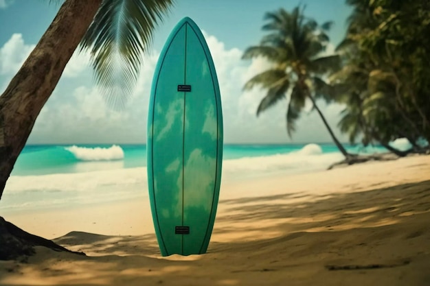 Uma prancha de surf verde está parada na areia de uma praia.