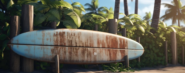 Foto uma prancha de surf vintage usada contra uma cerca de jardim de madeira em uma ilha tropical
