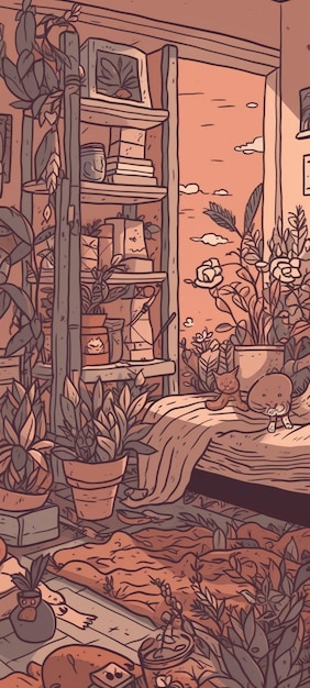 Uma prateleira com plantas e um gato nela